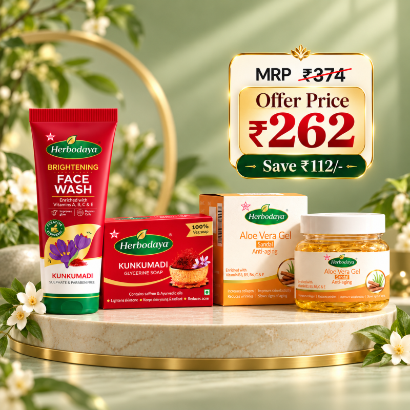 Skin Care Combo (Brightening Kunkumadi Face Wash 100ml + Kunkumadi Glycerine Soap - 125gm + Aloe Vera Gel – Sandal for Anti-Aging – 100 gm)