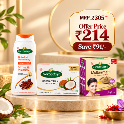 Glow & Grow Combo (Shikakai Volumizing Shampoo 200ml + Coconut Milk White Soap - 125gm + Multanimatti Saffron – 100gm)